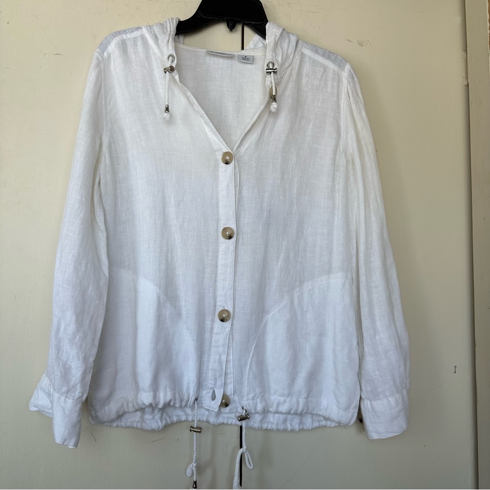 Liz Claiborne White Button Up Hooded Linen Top Size S